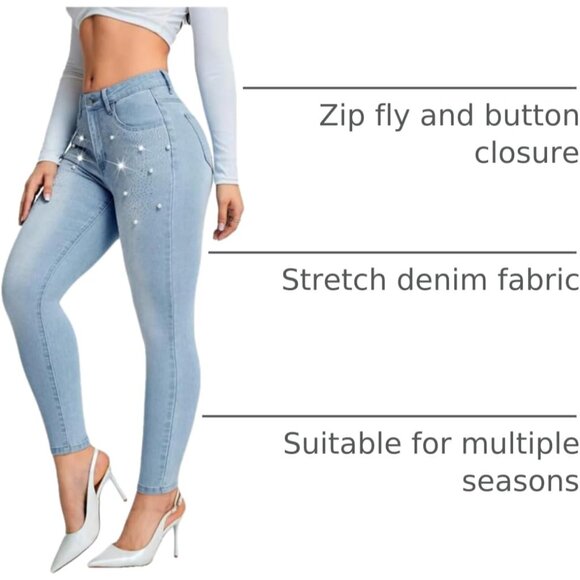 Women's Rhinestone Low Rise Skinny Jeans Stretch Denim Ankle Pants - Picture 4 of 6